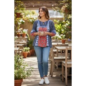 Crown Ivy Curvy Boho Patchwork Print Tunic Top Women's 1X Blue red